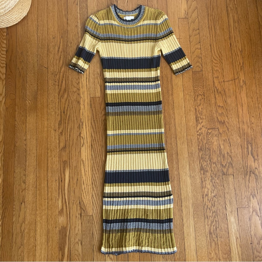 H&M Yellow & Navy Striped Ribbed Knit Midi Dress - Size M